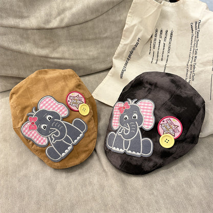 Cute Elephant Applique Beret Hat - Soft Fabric, Adjustable Fit, Retro Newsboy Cap(khaki) V888-ELOSUNG35434