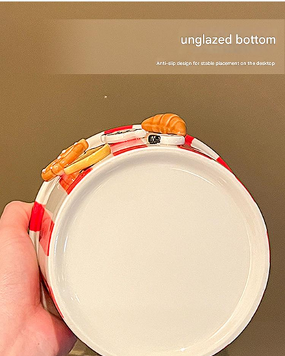 Charming Striped Ceramic Instant Noodle Bowl with 3D Accents & Happy every day!" Message(red)" V888-ELOSUNG35438
