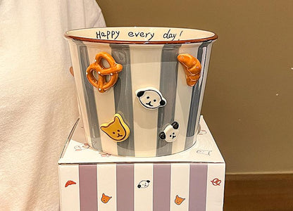 Charming Striped Ceramic Instant Noodle Bowl with 3D Accents & Happy every day!" Message(grey)" V888-ELOSUNG35439