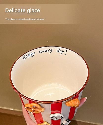 Charming Striped Ceramic Instant Noodle Bowl with 3D Accents & Happy every day!" Message(grey)" V888-ELOSUNG35439