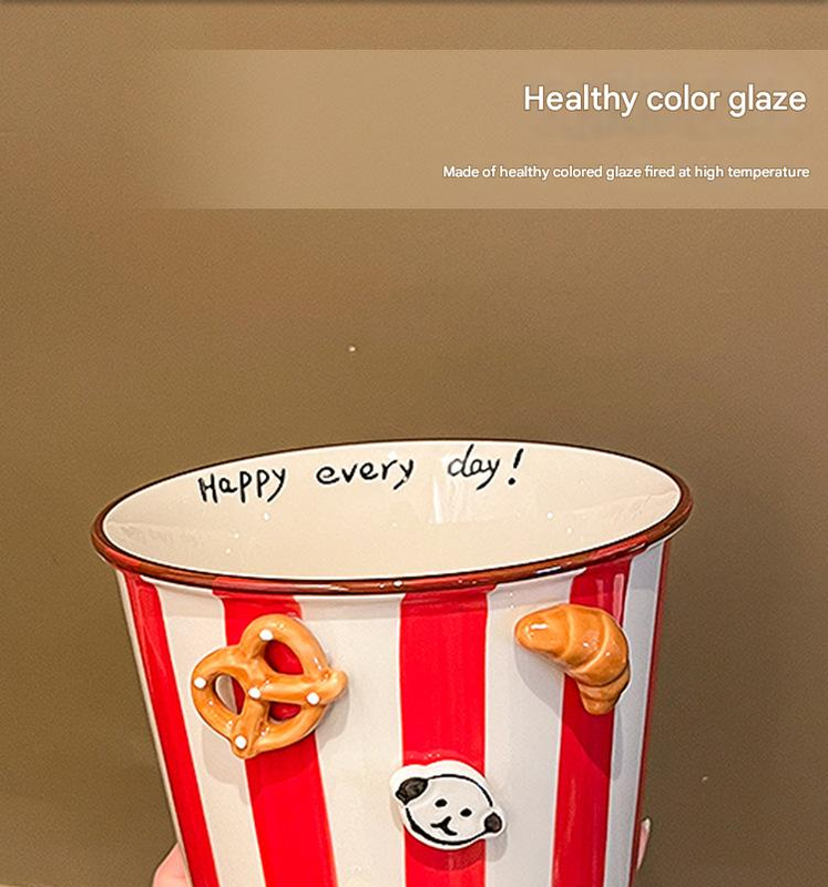 Charming Striped Ceramic Instant Noodle Bowl with 3D Accents & Happy every day!" Message(grey)" V888-ELOSUNG35439