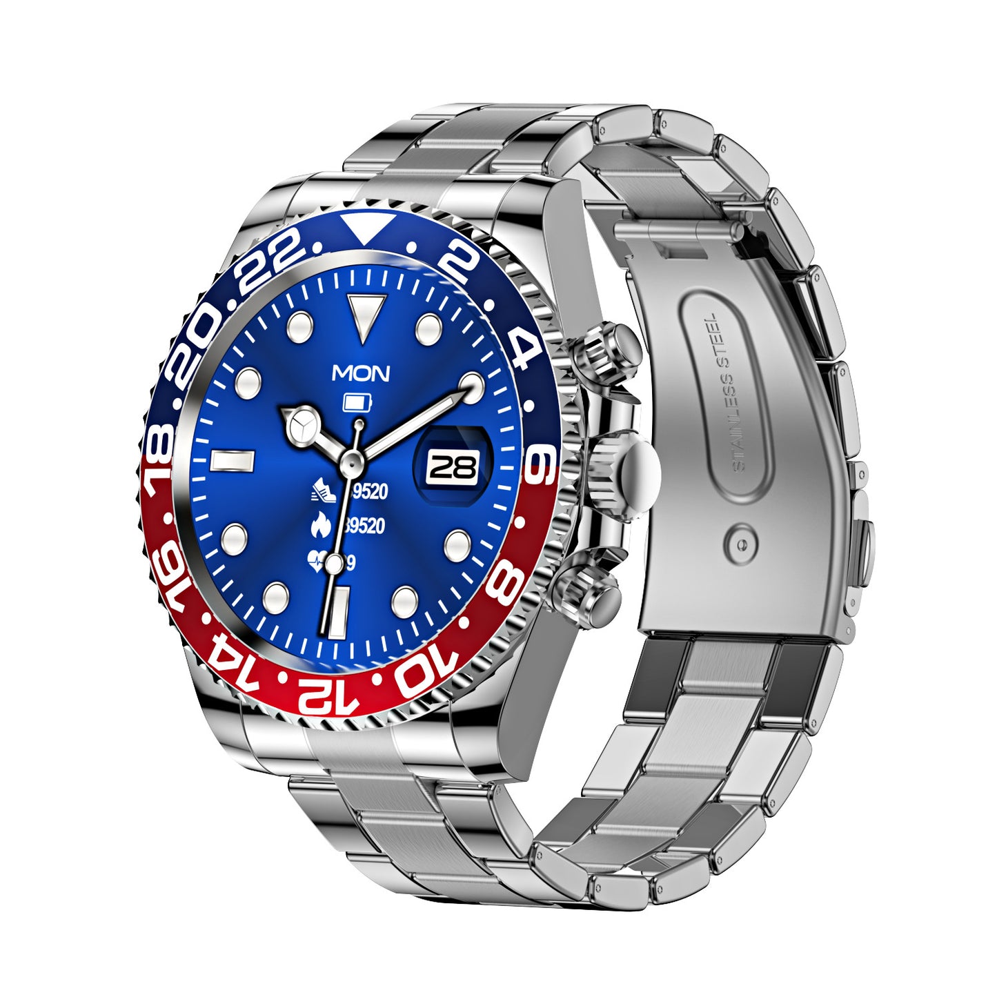 Classic Stainless Steel Smartwatch with Rotating Timer Bezel, Bluetooth Calling & Luminous Display(blue and V888-ELOSUNG35447