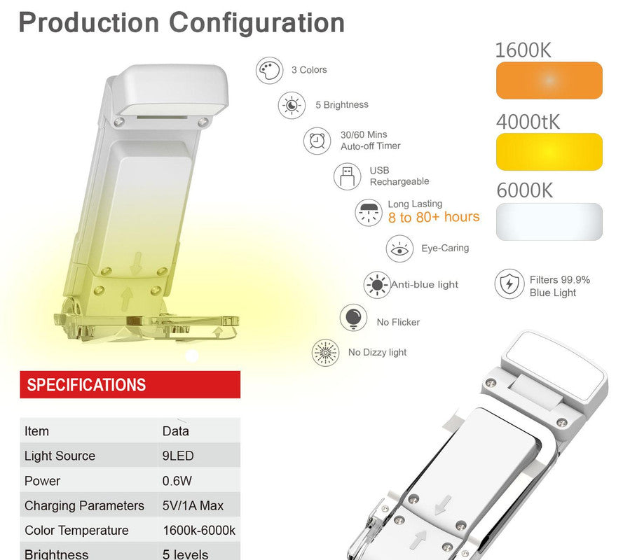 Portable Clip-On LED Reading Light - USB Rechargeable, 3 Color Modes & 5 Brightness Levels(white) V888-ELOSUNG35456