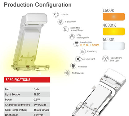 Portable Clip-On LED Reading Light - USB Rechargeable, 3 Color Modes & 5 Brightness Levels(Lake Blue) V888-ELOSUNG35458