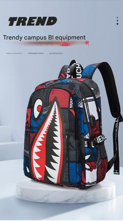 Trendsetter Shark Mouth Print Backpack - Lightweight & Breathable School Bag(Red leaves) V888-ELOSUNG35525