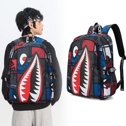 Trendsetter Shark Mouth Print Backpack - Lightweight & Breathable School Bag(Red leaves) V888-ELOSUNG35525