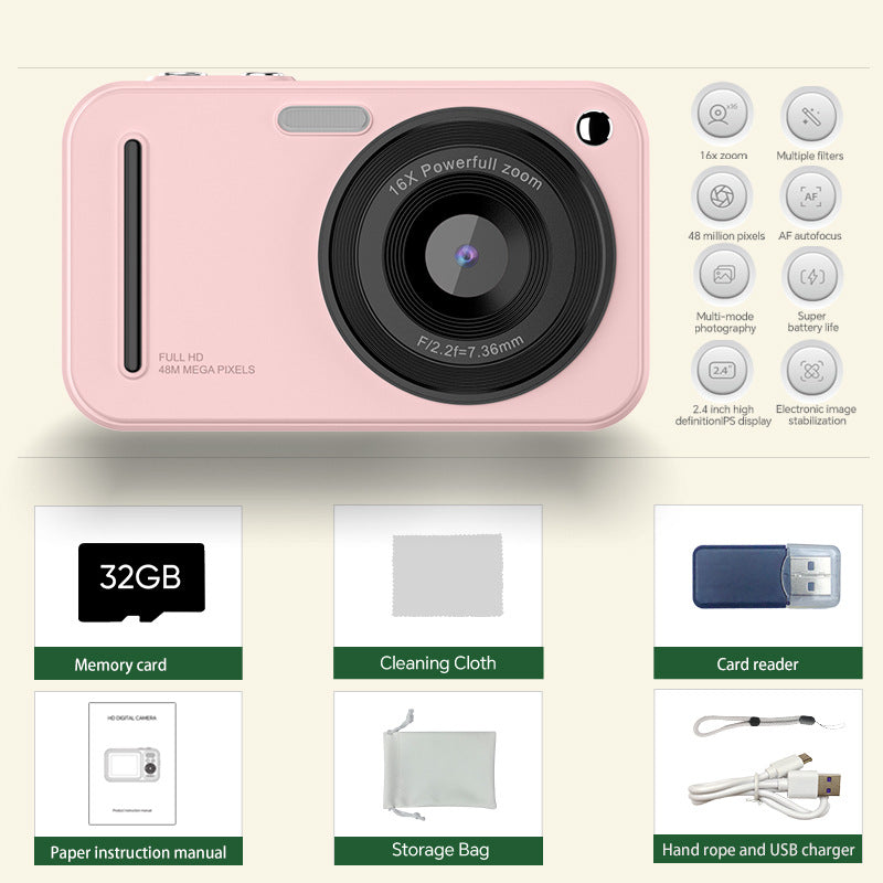 48MP Digital Camera with 16x Zoom & AF Autofocus - Full HD Vlogging Camera for Beginners & Kids(Pink) V888-ELOSUNG35545