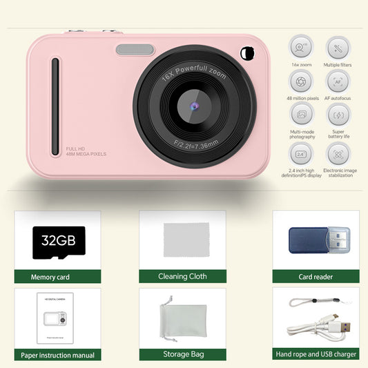 48MP Digital Camera with 16x Zoom & AF Autofocus - Full HD Vlogging Camera for Beginners & Kids(Pink) V888-ELOSUNG35545
