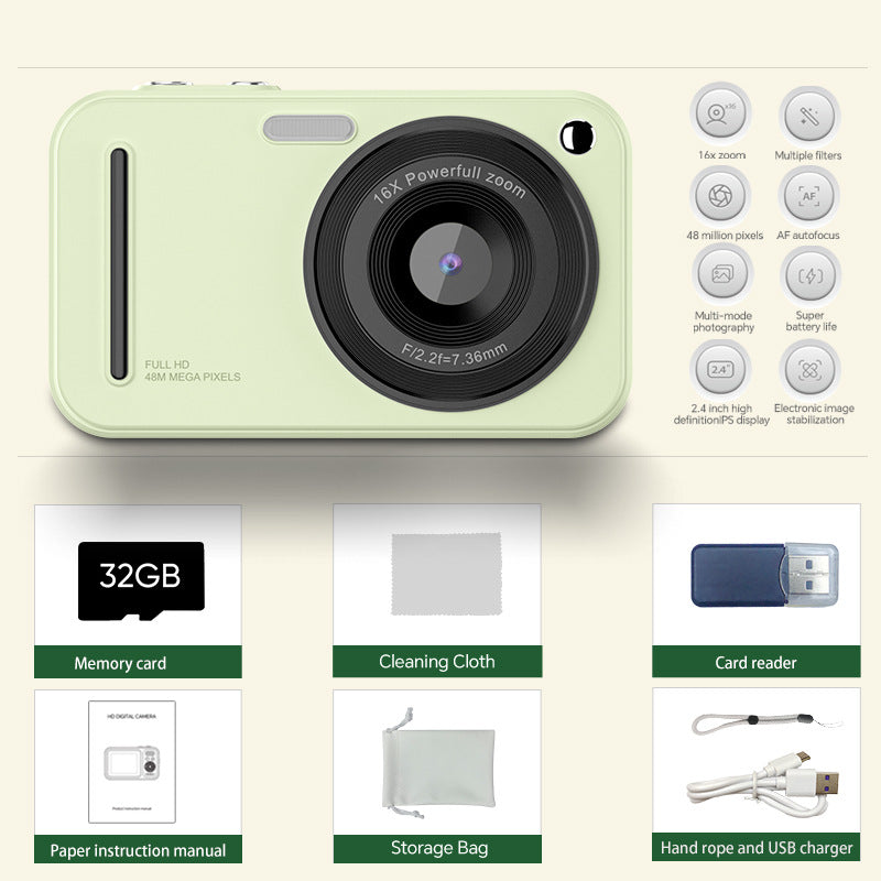 48MP Digital Camera with 16x Zoom & AF Autofocus - Full HD Vlogging Camera for Beginners & Kids(Green) V888-ELOSUNG35546