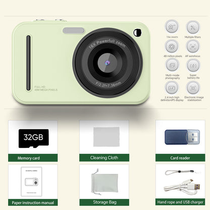 48MP Digital Camera with 16x Zoom & AF Autofocus - Full HD Vlogging Camera for Beginners & Kids(Green) V888-ELOSUNG35546