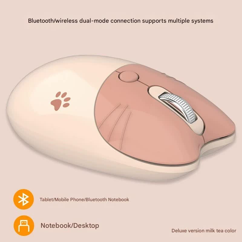 Cute Cat Shaped Wireless Office Mouse - Dual Mode 2.4G/Bluetooth, 3-Level DPI, Silent Click(Milk tea color) V888-ELOSUNG35559