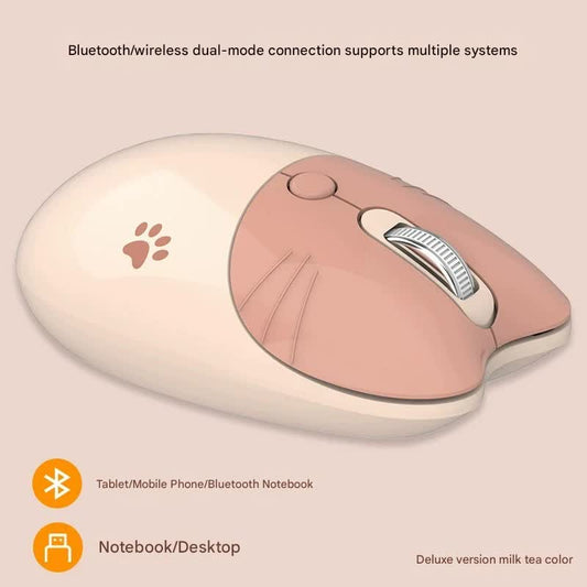 Cute Cat Shaped Wireless Office Mouse - Dual Mode 2.4G/Bluetooth, 3-Level DPI, Silent Click(Milk tea color) V888-ELOSUNG35559