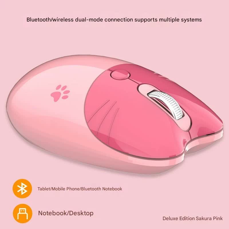 Cute Cat Shaped Wireless Office Mouse - Dual Mode 2.4G/Bluetooth, 3-Level DPI, Silent Click(pink) V888-ELOSUNG35560