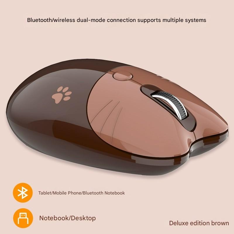 Cute Cat Shaped Wireless Office Mouse - Dual Mode 2.4G/Bluetooth, 3-Level DPI, Silent Click(brown) V888-ELOSUNG35562