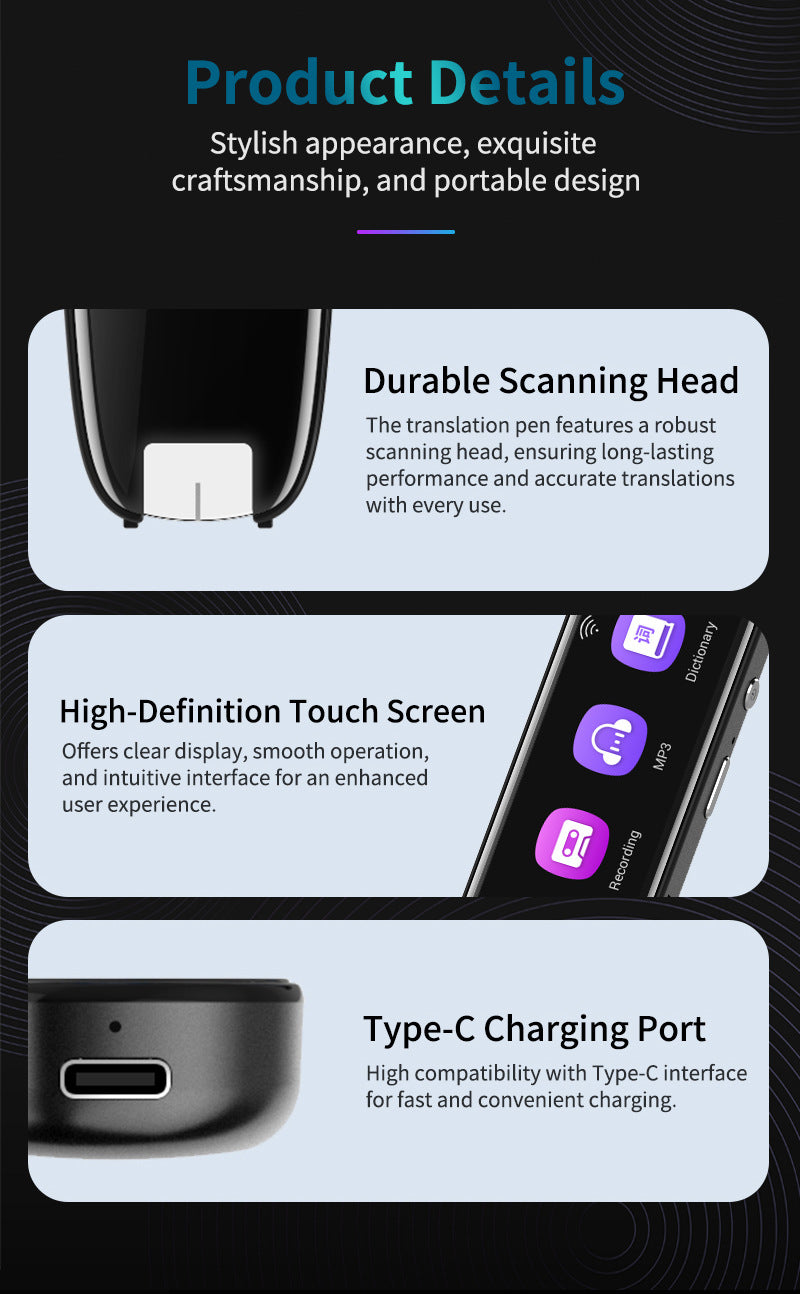 Smart AI Scan & Voice Translator Pen - 112+ Languages, Offline Mode, HD Touchscreen & Dictionary(black) V888-ELOSUNG35609