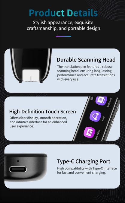 Smart AI Scan & Voice Translator Pen - 112+ Languages, Offline Mode, HD Touchscreen & Dictionary(black) V888-ELOSUNG35609