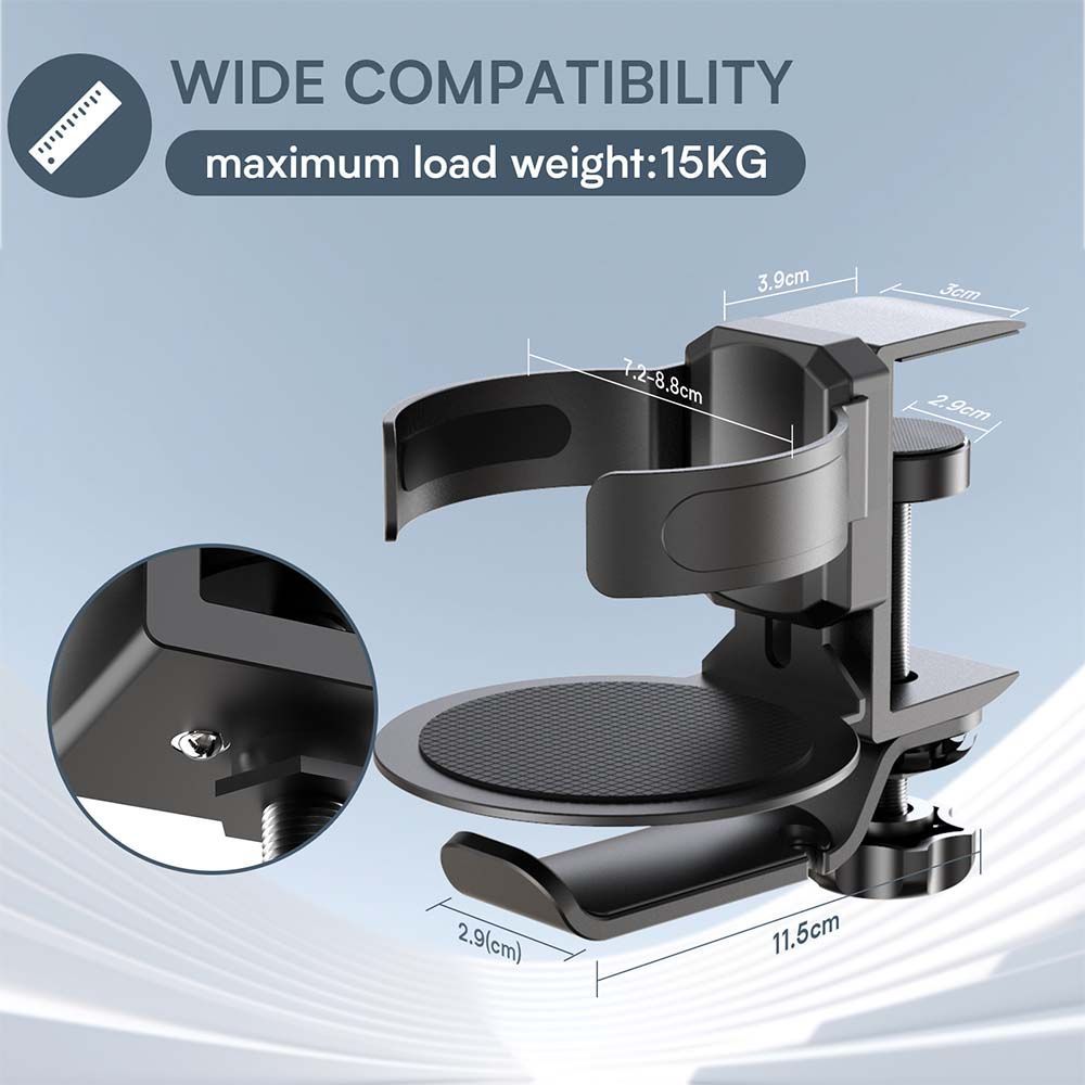 Two desktop clip-on cup holders and headphone hanger - adjustable, non-slip silicone, maximum load 15KG(black) V888-ELOSUNG35654