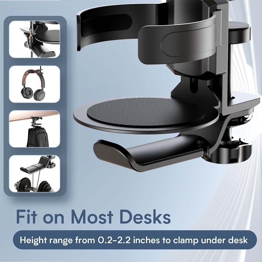 Two desktop clip-on cup holders and headphone hanger - adjustable, non-slip silicone, maximum load 15KG(black) V888-ELOSUNG35654