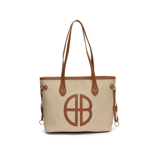 Stylish Large Capacity Tote Bag with PU Leather Trim & Logo Detail(Beige with brown) V888-ELOSUNG35666