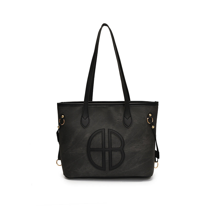Stylish Large Capacity Tote Bag with PU Leather Trim & Logo Detail(black) V888-ELOSUNG35667