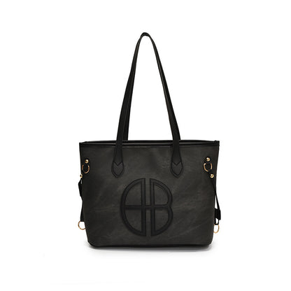 Stylish Large Capacity Tote Bag with PU Leather Trim & Logo Detail(black) V888-ELOSUNG35667