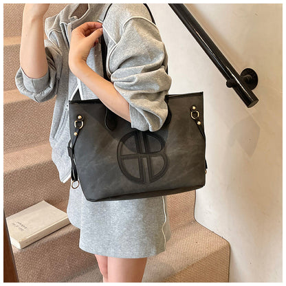 Stylish Large Capacity Tote Bag with PU Leather Trim & Logo Detail(black) V888-ELOSUNG35667