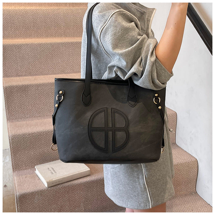 Stylish Large Capacity Tote Bag with PU Leather Trim & Logo Detail(black) V888-ELOSUNG35667