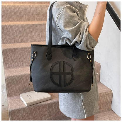 Stylish Large Capacity Tote Bag with PU Leather Trim & Logo Detail(black) V888-ELOSUNG35667