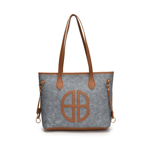 Stylish Large Capacity Tote Bag with PU Leather Trim & Logo Detail(Blue and Brown) V888-ELOSUNG35668