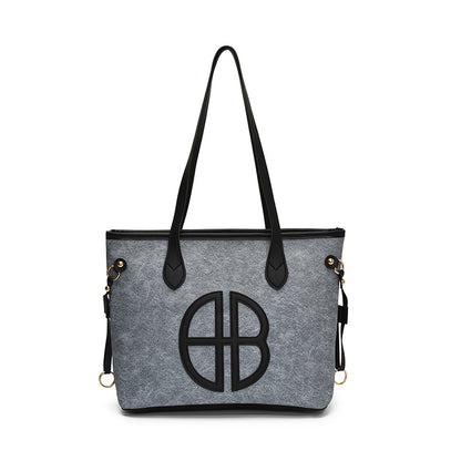Stylish Large Capacity Tote Bag with PU Leather Trim & Logo Detail(Blue with black) V888-ELOSUNG35669