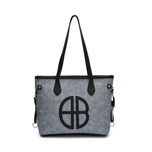 Stylish Large Capacity Tote Bag with PU Leather Trim & Logo Detail(Blue with black) V888-ELOSUNG35669