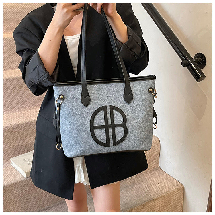 Stylish Large Capacity Tote Bag with PU Leather Trim & Logo Detail(Blue with black) V888-ELOSUNG35669