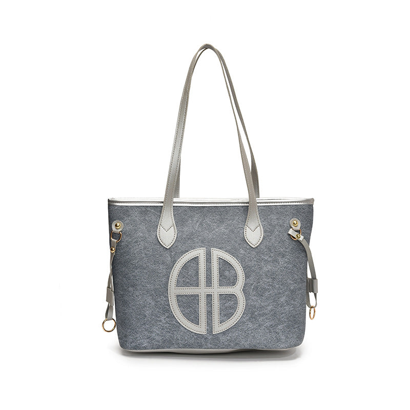 Stylish Large Capacity Tote Bag with PU Leather Trim & Logo Detail(Blue with Silver) V888-ELOSUNG35670