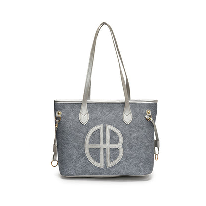 Stylish Large Capacity Tote Bag with PU Leather Trim & Logo Detail(Blue with Silver) V888-ELOSUNG35670