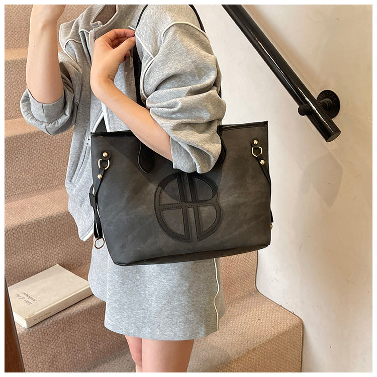 Stylish Large Capacity Tote Bag with PU Leather Trim & Logo Detail(Blue with Silver) V888-ELOSUNG35670