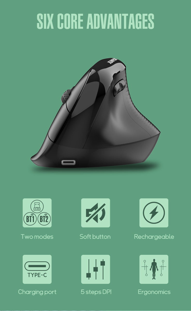 Two Ergonomic Vertical Wireless Mouse - Dual Mode (2.4G & Bluetooth), 5 Adjustable DPI, Silent Clicks, V888-ELOSUNG35675