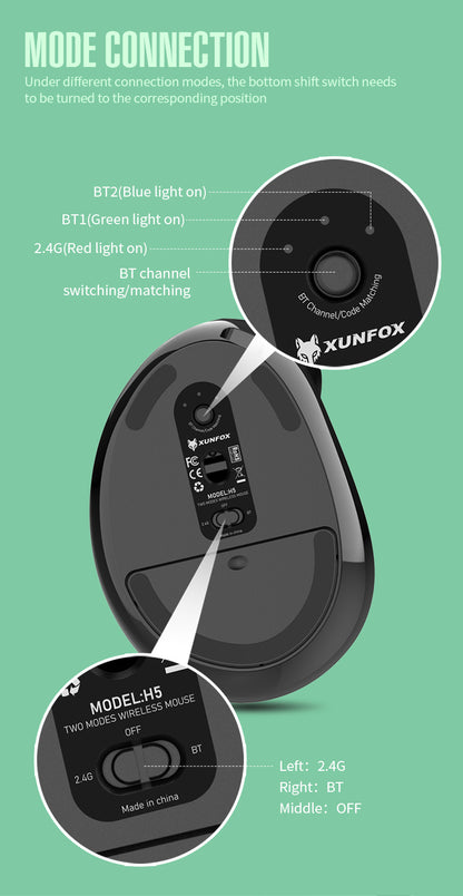 Two Ergonomic Vertical Wireless Mouse - Dual Mode (2.4G & Bluetooth), 5 Adjustable DPI, Silent Clicks, V888-ELOSUNG35676