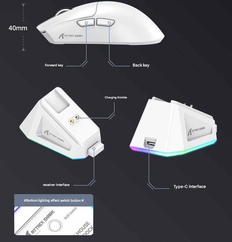 High-Performance Tri-Mode Wireless Gaming Mouse - 22000 DPI, Rechargeable, with RGB Charging Dock(white) V888-ELOSUNG35677