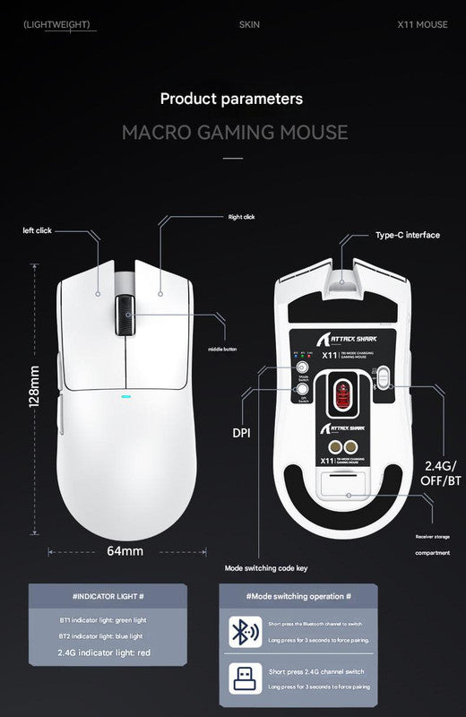 High-Performance Tri-Mode Wireless Gaming Mouse - 22000 DPI, Rechargeable, with RGB Charging Dock(black) V888-ELOSUNG35678