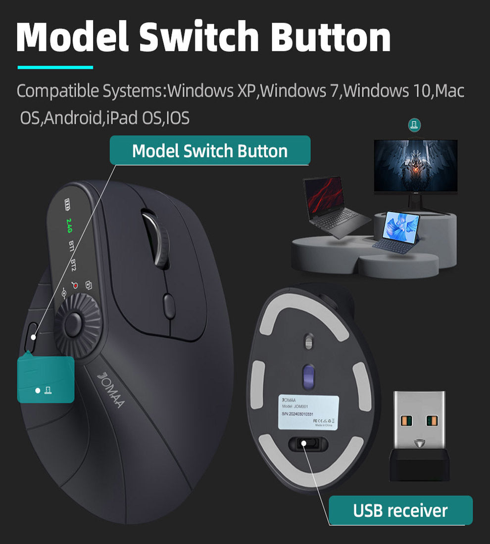 Ergonomic Vertical Mouse - 2.4G/Bluetooth Multi-Mode, LED Display, 57-Degree Angle, & 400mAh Battery(Black) V888-ELOSUNG35692