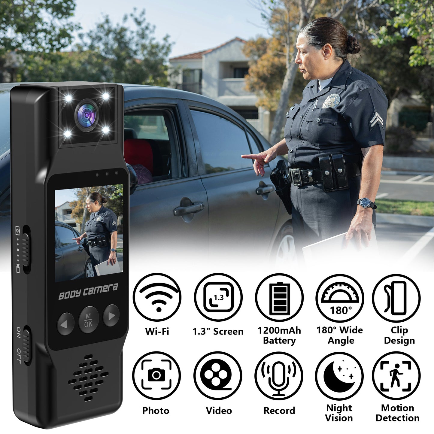 Mini Body Camera with 180 Rotatable Lens, Night Vision & Motion Detection - 1.3 Screen 1200mAh Battery(black)" V888-ELOSUNG35713