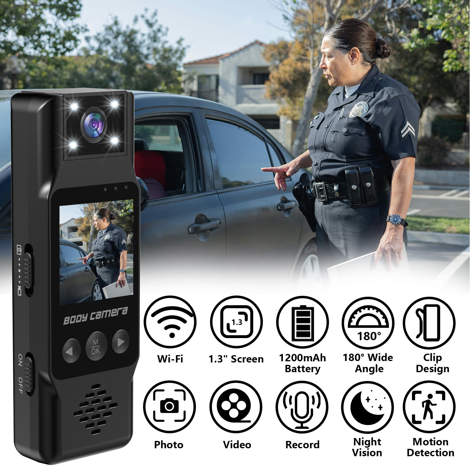 Mini Body Camera with 180 Rotatable Lens, Night Vision & Motion Detection - 1.3 Screen 1200mAh Battery(black)" V888-ELOSUNG35713