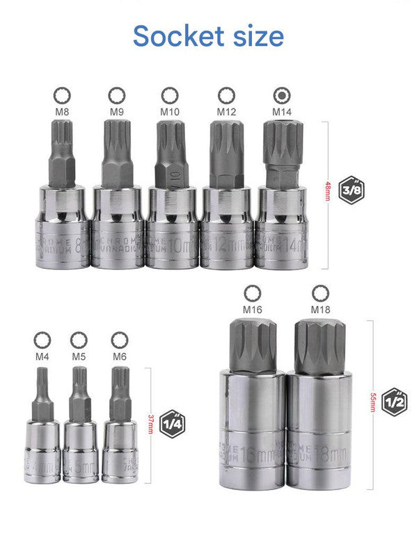 10-Piece M-Type Spline Bit Socket Set - Chrome Steel, Polished & Quenched for Durability with Storage V888-ELOSUNG35749