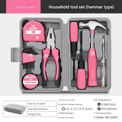 13-Piece Essential Household Tool Kit - Compact Home Repair & DIY Set with Storage Case(pink) V888-ELOSUNG35750
