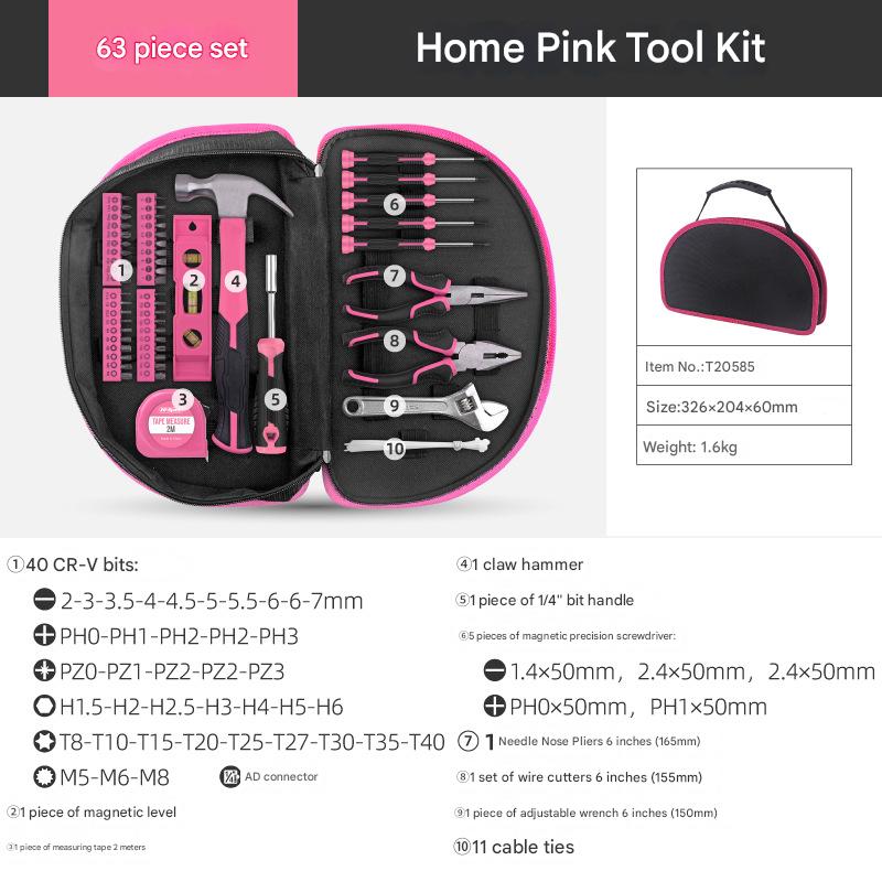 63-Piece Essential Home Repair Tool Kit with Portable Zipper Case(pink) V888-ELOSUNG35759