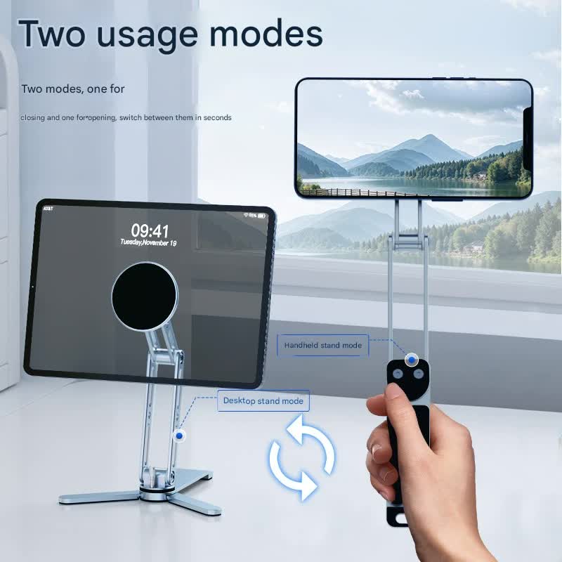 2-in-1 Magnetic Folding Stand for Phones & Tablets - Adjustable Aluminum Desktop & Handheld Holder(silver) V888-ELOSUNG35768