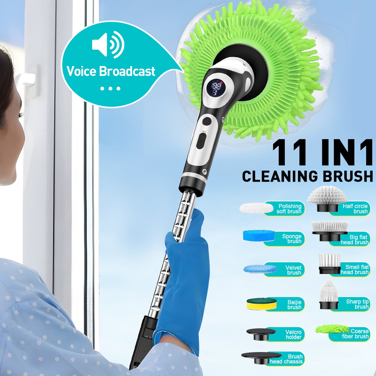Multi-Functional Electric Spin Scrubber with Voice Broadcast, 9 Heads, Adjustable Extension Handle & LED V888-ELOSUNG35777