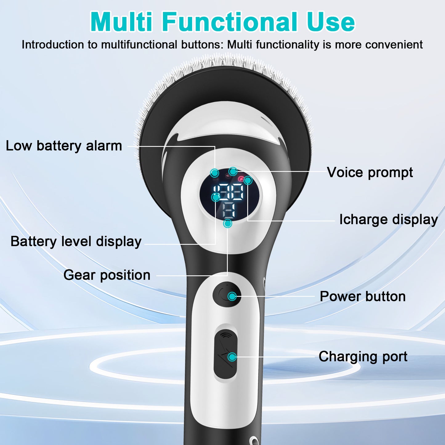 Multi-Functional Electric Spin Scrubber with Voice Broadcast, 9 Heads, Adjustable Extension Handle & LED V888-ELOSUNG35777