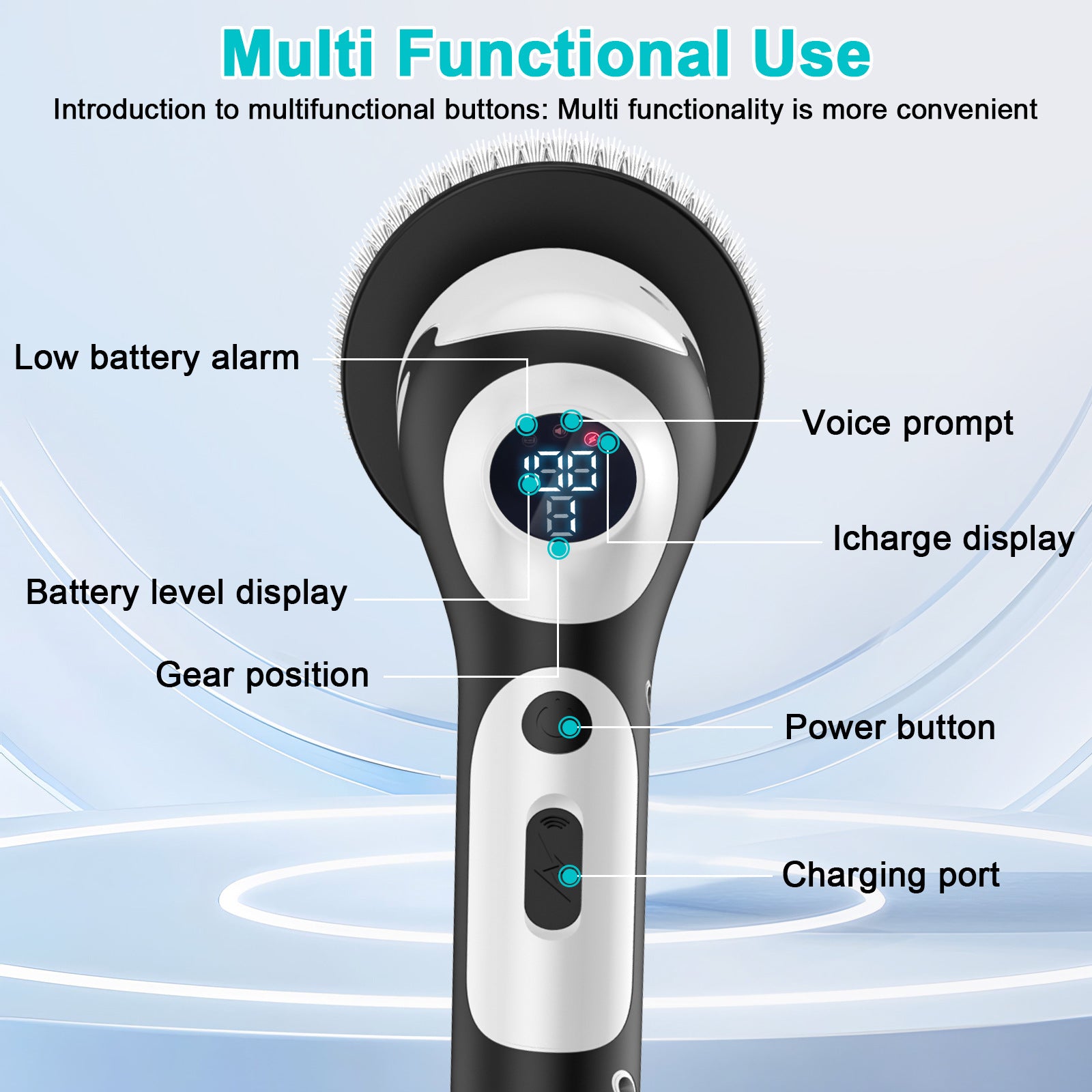 Multi-Functional Electric Spin Scrubber with Voice Broadcast, 9 Heads, Adjustable Extension Handle & LED V888-ELOSUNG35777