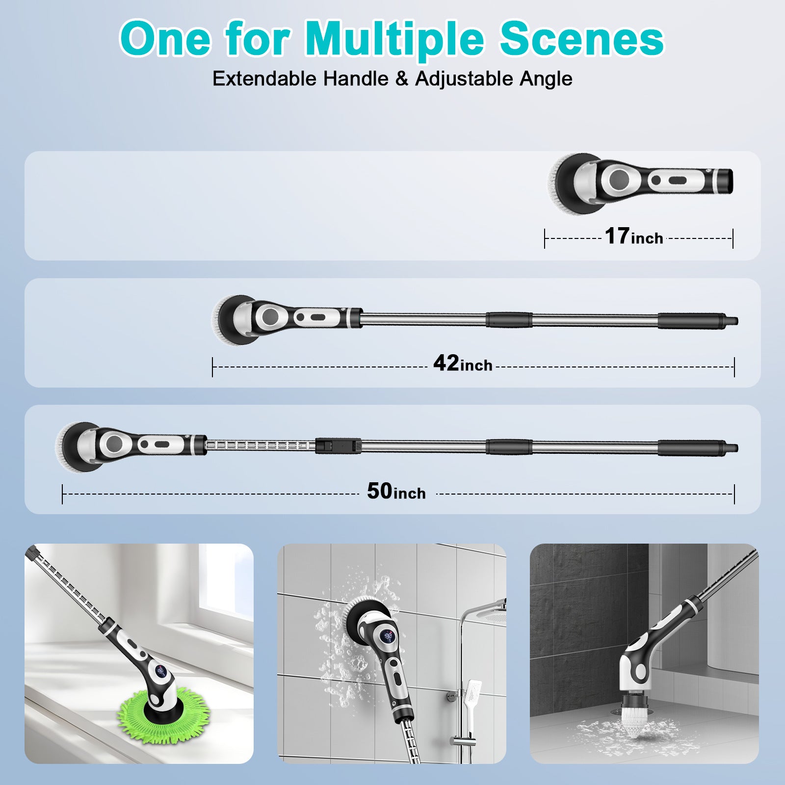 Multi-Functional Electric Spin Scrubber with Voice Broadcast, 9 Heads, Adjustable Extension Handle & LED V888-ELOSUNG35777
